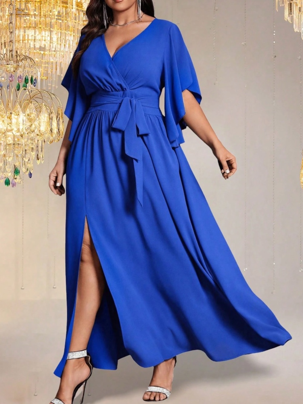  Plus Solid V neck Flounce Sleeve Belted Split Thigh Party Evening Dress - Picture 13 of 15